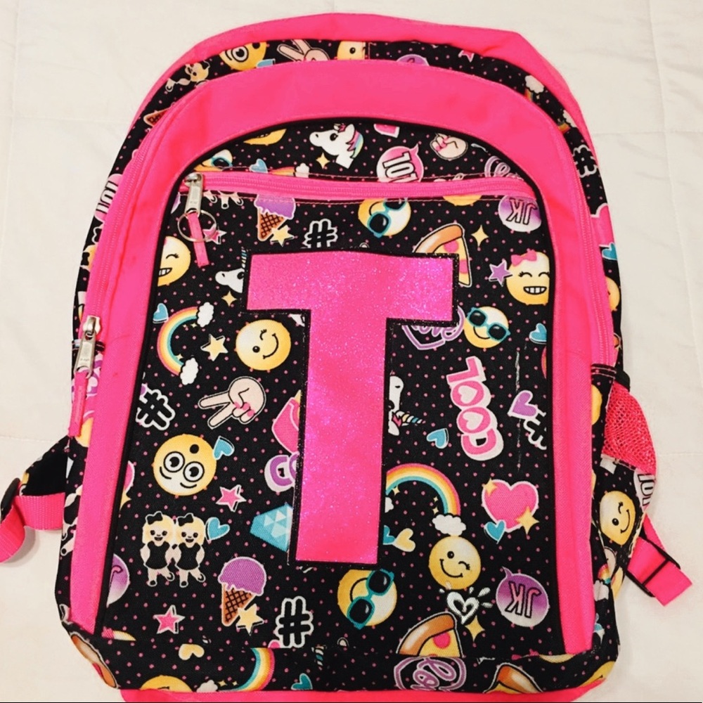justice T initial emoji backpack <3